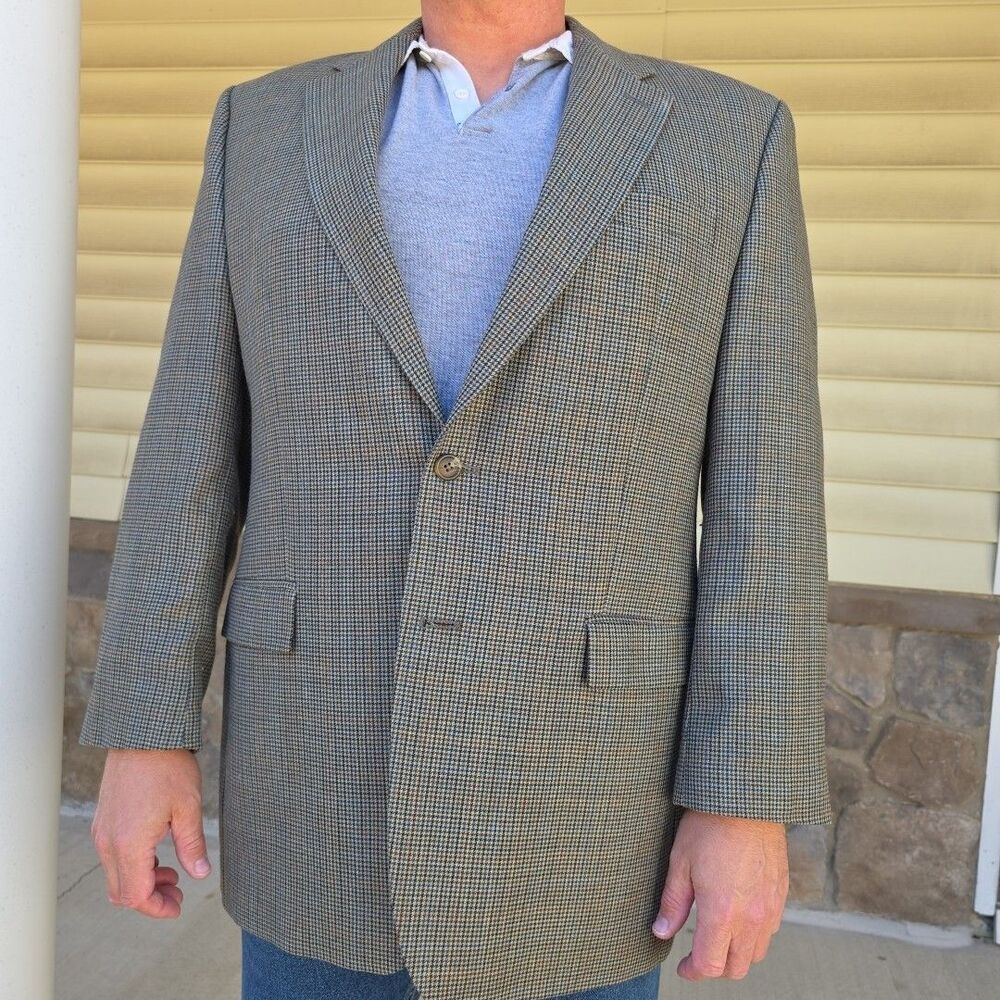 Ralph Lauren Jacket Mens 44L Brown Silk Wool Houndstooth 2 Button LRL Blazer